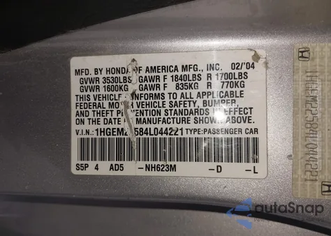2004 Honda Civic Lx from USA, damaged, VIN 1HGEM22584L044221